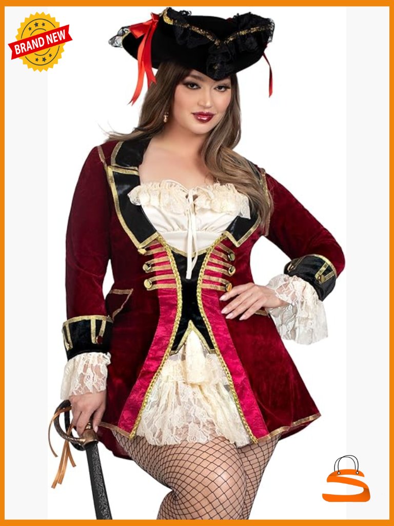 Velvet Pirate Captain Costume Dress With Peasant Bodice & Lace Ruffles